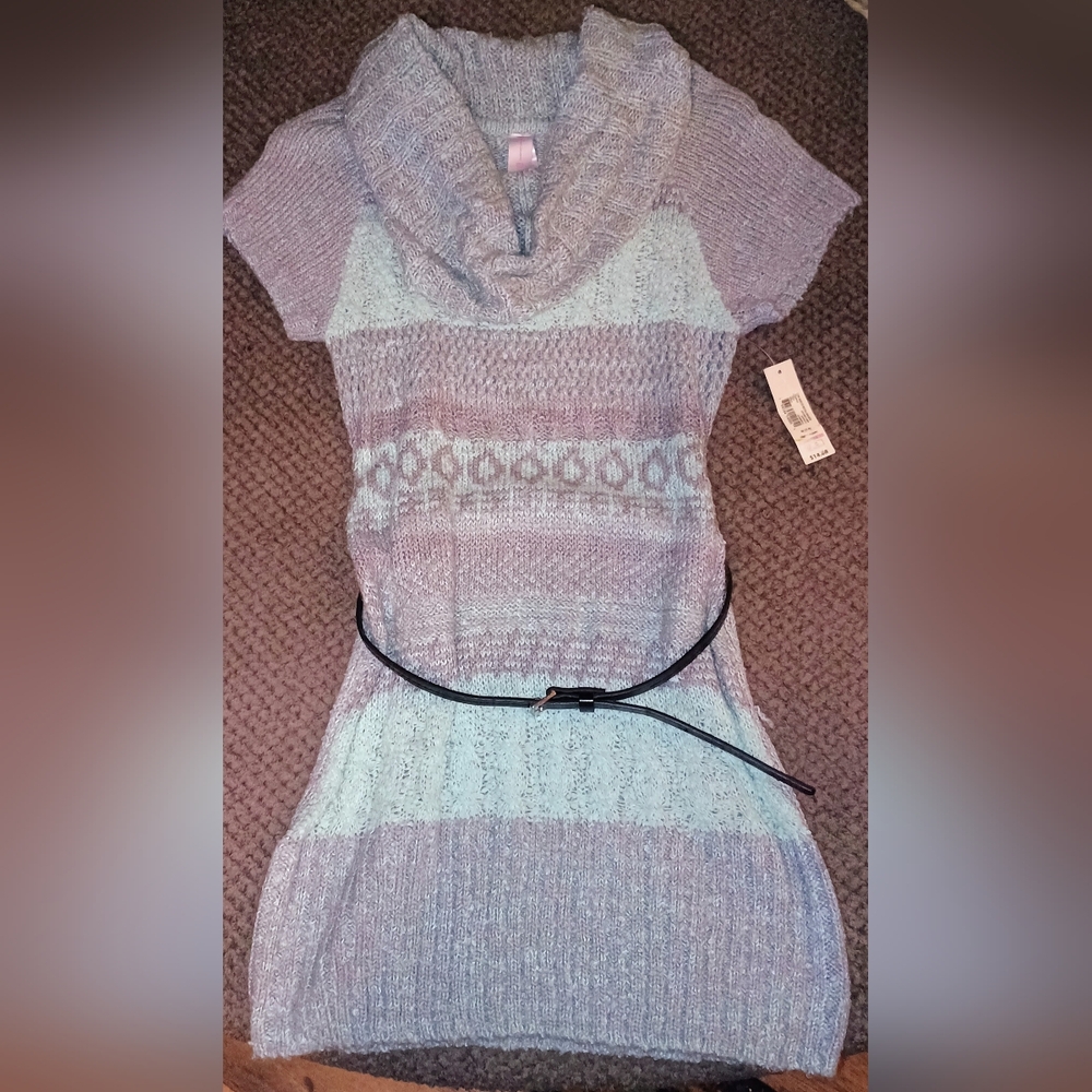 No Boundaries Grey and Mint Knit Mini Dress with Belt
